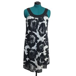 Vintage 90s Jonathan Martin Black White Floral Print Dress Fully Lined‎ Size 10
